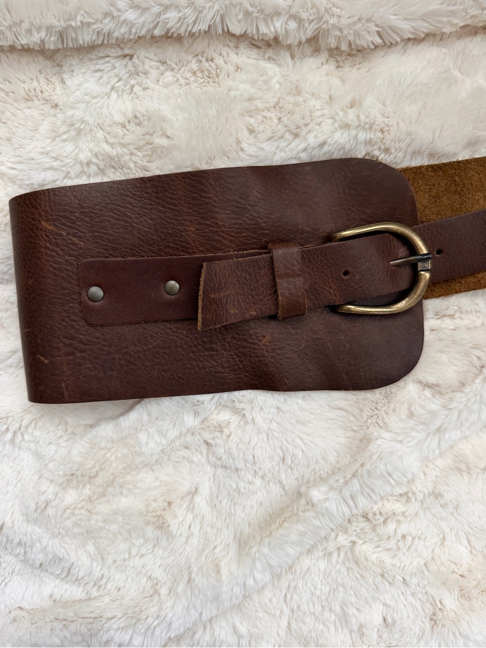 Wide Brown Leather Waist Belt with Antiqued Brass Buckle